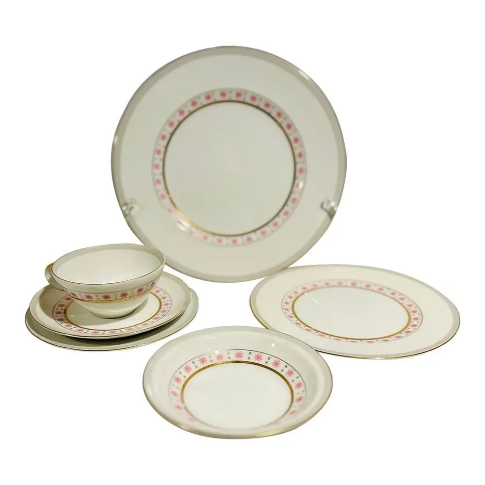 Vintage 50s Atomic Dishes Pink Starburst 6 Piece Place Setting